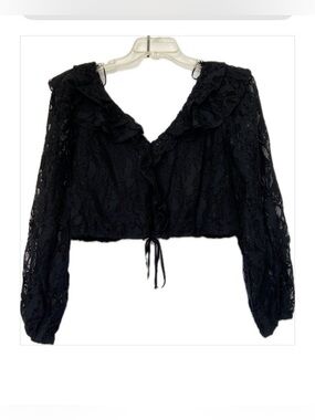 Mustard Seed Black Lace Ruffle Tie-Front Blouse